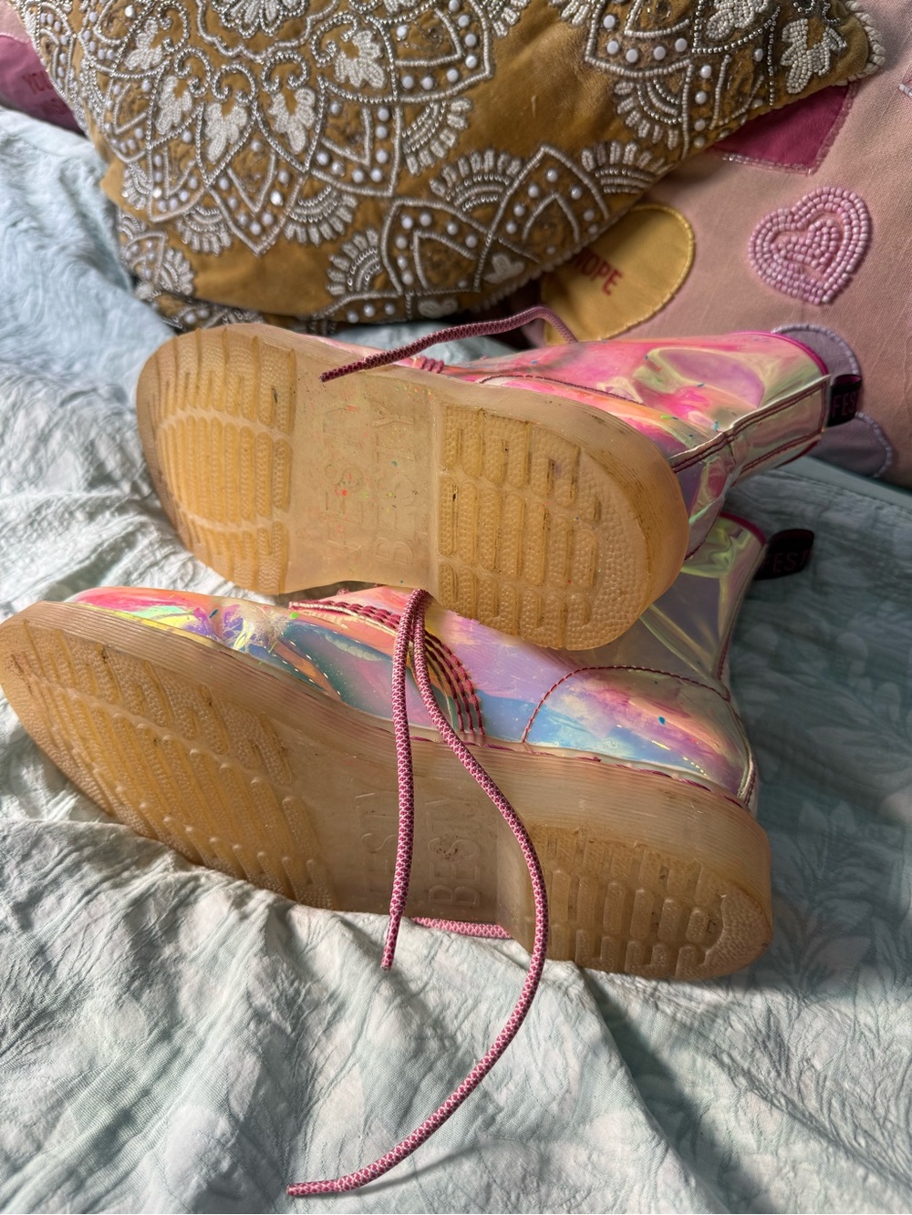 Festy Besty Holographic Pink Combat Festival Boots Rainbow Paint Splatter Size 9 - Picture 5 of 7